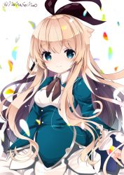 Rule 34 | 1girl, alice (grimms notes), bad id, bad pixiv id, black ribbon, blonde hair, blue shirt, blurry, blurry background, blush, breasts, closed mouth, commentary request, depth of field, grimms notes, hair ribbon, long hair, long sleeves, looking at viewer, medium breasts, nanase nao, ribbon, shirt, skirt, sleeves past wrists, smile, solo, twitter username, very long hair, white background, white skirt, wide sleeves