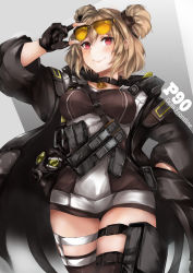 Rule 34 | 1girl, adjusting eyewear, ammunition pouch, black thighhighs, buckle, choker, commission, copyright name, double bun, gas mask, girls&#039; frontline, hair bun, hand on eyewear, highres, light brown hair, marche mk14, mask, p90 (girls&#039; frontline), pouch, red eyes, short hair, simple background, skeb commission, smile, snap-fit buckle, solo, thighhighs