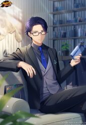 Rule 34 | 1boy, absurdres, black hair, black suit, blue necktie, bookshelf, brown eyes, bshi edayo, commentary, couch, english commentary, formal, gift, glasses, highres, holding, holding gift, indoors, lapel pin, logo, looking at viewer, mahjong soul, male focus, necktie, official art, plant, potted plant, saitou osamu, short hair, sitting, solo, suit