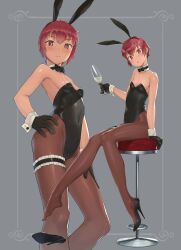 Rule 34 | 1girl, animal ears, black footwear, black gloves, black leotard, bow, bowtie, breasts, brown pantyhose, champagne flute, cup, detached collar, drinking glass, feet out of frame, full body, gloves, grey background, hand on own hip, heibonkaeru, high heels, highres, leotard, multiple views, original, pantyhose, playboy bunny, rabbit ears, red eyes, red hair, short hair, simple background, sitting, small breasts, standing, stool, strapless, strapless leotard, tomboy, unworn shoe, wrist cuffs