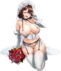 Rule 34 | 1girl, blue eyes, blush, bouquet, breasts, bridal lingerie, bridal veil, bride, brown hair, choker, cleavage, elbow gloves, flower, full body, garter belt, garter straps, gloves, highres, lace, lace choker, large breasts, last origin, lingerie, mole, mole under mouth, mr.yun, navel, one eye closed, red flower, red rose, rose, short hair, simple background, smile, solo, tachi-e, talon feather (last origin), thighhighs, transparent background, underwear, veil, white gloves