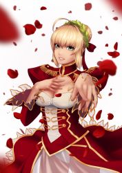 Rule 34 | 10s, 1girl, ahoge, blonde hair, breasts, cleavage, cleavage cutout, clothing cutout, corset, epaulettes, fate/extra, fate (series), green eyes, hand on own chest, large breasts, nero claudius (fate), nero claudius (fate) (all), nero claudius (fate/extra), outstretched arm, parted lips, petals, pointing, pointing at viewer, puffy sleeves, scyfon, see-through, simple background, smile, solo, white background, wreath