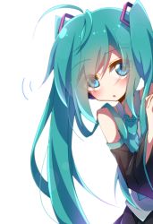 Rule 34 | 1girl, ahoge, aosaki yato, aqua eyes, aqua hair, aqua necktie, bare shoulders, black skirt, black sleeves, blush, commentary, detached sleeves, expressionless, grey shirt, hair ornament, hatsune miku, headphones, highres, long hair, looking at viewer, necktie, parted lips, peeking out, shirt, simple background, skirt, sleeveless, sleeveless shirt, solo, twintails, twintails day, upper body, very long hair, vocaloid, white background