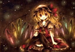Rule 34 | 1girl, bad id, bad pixiv id, blonde hair, female focus, flandre scarlet, hat, namakuby, open mouth, red eyes, sitting, solo, star (symbol), thighhighs, touhou, traditional media, wings