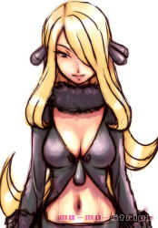 Rule 34 | 00s, 1girl, blonde hair, breasts, cleavage, creatures (company), cynthia (pokemon), eyelashes, feather boa, game freak, hair ornament, half-closed eyes, large breasts, long hair, mo-mo, navel, nintendo, pokemon, pokemon dppt, smile, solo, toned, very long hair, yellow eyes