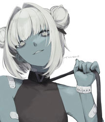 Rule 34 | 1girl, 5tsukado, bandaid, bandaid on arm, bandaid on shoulder, bare shoulders, black nails, collarbone, colored skin, covered collarbone, double bun, earrings, fingernails, gloves, grey eyes, grey hair, grey skin, hair bun, holding, holding leash, jewelry, leash, long fingernails, looking at viewer, nail polish, original, parted lips, partially fingerless gloves, signature, simple background, smile, solo, star-shaped pupils, star (symbol), symbol-shaped pupils, teeth, upper body, watch, white background, wristwatch