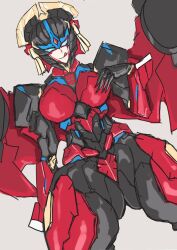 Rule 34 | autobot, black skin, blue eyes, breasts, colored skin, crotch plate, flame toys, flame toys windblade, grotesquerampag, highres, humanoid robot, large breasts, mecha musume, mechanical wings, robot, thick thighs, thighs, tongue, tongue out, transformers, windblade, wings
