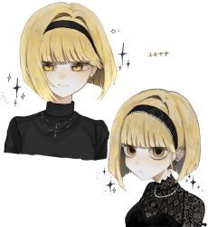 16personalities 1girl black_dress black_hairband black_sweater blonde_hair bob_cut closed_mouth dress hairband highres jewelry lace_dress looking_at_viewer multiple_views myers-briggs_type_indicator necklace short_hair simple_background sua_(3xq_filx) sweater turtleneck turtleneck_sweater virtuoso_(16personalities) white_background yellow_eyes