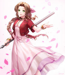 Rule 34 | 1girl, absurdres, aerith gainsborough, bow, bracelet, braid, braided ponytail, breasts, brown hair, cleavage, dress, final fantasy, final fantasy vii, final fantasy vii remake, floating hair, green eyes, hair bow, highres, holding, holding staff, holding weapon, jacket, jewelry, kudo kunugi, long braid, long hair, looking at viewer, open mouth, petals, pink dress, red jacket, short sleeves, small breasts, smile, solo, square enix, staff, very long hair, weapon, wind, wind lift