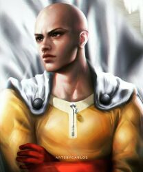 Rule 34 | 1boy, artist name, artsbycarlos, bald, black eyes, bodysuit, cape, closed mouth, commentary, crossed arms, english commentary, gloves, highres, male focus, one-punch man, realistic, red gloves, saitama (one-punch man), solo, superhero costume, white cape, yellow bodysuit