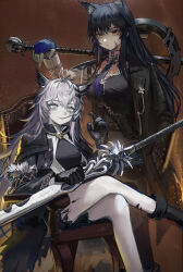 Rule 34 | 2girls, absurdres, animal ears, arknights, black gloves, black hair, cape, chair, crossed legs, fingerless gloves, gloves, grey hair, grin, hair ornament, hairclip, hand in pocket, highres, lappland (arknights), lappland (refined horrormare) (arknights), long hair, looking at viewer, material growth, multiple girls, necktie, oripathy lesion (arknights), over shoulder, peach21, scar, scar across eye, sitting, smile, sword, texas (arknights), texas the omertosa (arknights), weapon, weapon over shoulder, white eyes, wolf ears, yellow eyes