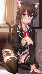 Rule 34 | 1girl, :o, absurdres, ahoge, animal ears, bed, bed sheet, black hair, black jacket, black thighhighs, blue eyes, blush, cat ears, cat girl, cat tail, collared shirt, curtains, full body, hair ribbon, highres, indoors, jacket, jun (aousa0328), kemonomimi mode, kneeling, long hair, long sleeves, looking at viewer, miniskirt, multicolored clothes, multicolored skirt, neck ribbon, on bed, parted lips, paw pose, pleated skirt, red ribbon, ribbon, school uniform, shirt, skirt, solo, straight hair, striped clothes, striped skirt, tail, thighhighs, vertical-striped clothes, vertical-striped skirt, very long hair, white shirt, yahari ore no seishun lovecome wa machigatteiru., yukinoshita yukino, zettai ryouiki