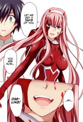 Rule 34 | 10s, 1boy, 1girl, black hair, blood, blood on face, blue eyes, bodysuit, breasts, comic, commentary, couple, darling in the franxx, english commentary, english text, fangs, gloves, hair ornament, hairband, hard-translated, hetero, hiro (darling in the franxx), horns, long hair, medium breasts, oni horns, pilot suit, pink hair, red bodysuit, red gloves, red horns, ryu-geki, short hair, speech bubble, third-party edit, white hairband, zero two (darling in the franxx)