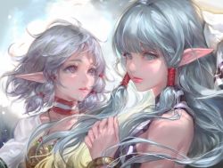 Rule 34 | 2girls, absurdres, bare shoulders, blue eyes, blue hair, bm94199, commentary, elf, english commentary, grey hair, highres, isha (ys), lips, long hair, looking at viewer, multiple girls, olha (ys), own hands together, parted lips, pointy ears, portrait, purple eyes, short hair, sidelocks, simple background, teeth, upper teeth only, ys, ys vi ark of napishtim