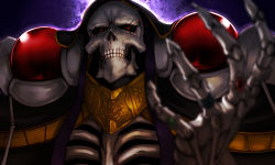 Rule 34 | ainz ooal gown, armor, cloak, close-up, dark background, from below, glowing, glowing eyes, highres, jewelry, lich, looking at viewer, male focus, moku., overlord (maruyama), pauldrons, portrait, red eyes, ring, shoulder armor