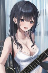 Rule 34 | 1girl, absurdres, armpits, bad id, bad twitter id, bare shoulders, black hair, blush, breasts, cleavage, curtains, guitar, hair ornament, hairclip, highres, instrument, long hair, looking at viewer, medium breasts, multicolored hair, myowa, open mouth, original, shirt, solo, streaked hair, sweat, unfinished, white shirt