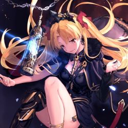 Rule 34 | 1girl, birdcage, black thighhighs, blonde hair, breasts, cage, cape, chain, cleavage, ereshkigal (fate), ereshkigal (third ascension) (fate), fate/grand order, fate (series), glowing, gold trim, long hair, parted bangs, red eyes, single thighhigh, skirt, skull, solo, thighhighs, thighs, tohsaka rin, twintails, two side up, u jie, very long hair