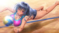 Rule 34 | 1girl, ass, ball, bare legs, barefoot, beach volleyball, bikini, bikini bottom only, blue hair, blush, breasts, character request, cleavage, feet, female focus, focused, full body, game cg, jumping, kaneshiro wataru, large breasts, legs, light blush, long hair, motion blur, open mouth, original, outdoors, playing, playing sports, purple eyes, sand, shadow, sleeveless, soku iki bishonure athlete!, solo, sportswear, swimsuit, tan, thighs, uniform, volleyball, volleyball (object), volleyball uniform