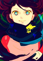 Rule 34 | 1girl, alternate eye color, bad id, bad pixiv id, badge, black hair, blue eyes, capcom, colored eyelashes, english text, ace attorney investigations, ace attorney, heart, kay faraday, long hair, looking at viewer, scarf, smile, solo, ui (pppuuu), vest, wind