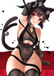 Rule 34 | 1girl, :o, absurdres, alternate costume, animal ear fluff, animal ears, arm behind head, armpits, azur lane, bell, black gloves, black hair, black horns, black thighhighs, blunt bangs, bow, bowtie, breasts, cat ears, cat tail, chromatic aberration, cleavage, collarbone, commentary request, cosplay, covered navel, demon horns, elbow gloves, gloves, gneisenau (azur lane), gneisenau (nightmarish succubus) (azur lane), highres, horns, large breasts, looking at viewer, multiple tails, pubic tattoo, red eyes, short hair, simple background, sitting, solo, tail, tail bell, tail ornament, tattoo, thighhighs, thighs, white background, white bow, white bowtie, yamaha tsui, yamashiro (azur lane)