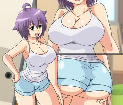 Rule 34 | 1girl, absurdres, artist request, ass, ass grab, breasts, cleavage, close-up, green eyes, hand on own hip, highres, large breasts, legs, multiple girls, open mouth, purple hair, shirt, short hair, shorts, sleeveless, sleeveless shirt, smile, thick thighs, thighs, yukino akaihi