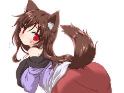 Rule 34 | 1girl, animal ears, bare shoulders, blouse, blush, dress, flying sweatdrops, from behind, imaizumi kagerou, long hair, looking at viewer, looking back, natsu no koucha, off shoulder, red eyes, red skirt, shirt, skirt, solo, sweat, tail, touhou, wolf ears, wolf tail