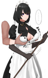 Rule 34 | ..., 1boy, 1girl, apron, black dress, black gloves, black hair, grabbing another&#039;s breast, breasts, closed mouth, commentary request, disembodied limb, dress, expressionless, frilled apron, frilled sleeves, frills, gloves, grabbing, grabbing from behind, groping, highres, holding, large breasts, maid, maid headdress, medium hair, motion lines, original, puffy short sleeves, puffy sleeves, purple eyes, senju (snz0), short sleeves, simple background, solo focus, speech bubble, white apron, white background