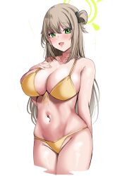 Rule 34 | 1girl, :d, bikini, blue archive, breasts, commentary, cropped legs, front-tie bikini top, front-tie top, green eyes, green halo, groin, hair bun, halo, hand on own chest, highres, large breasts, light brown hair, long hair, looking at viewer, navel, nonomi (blue archive), nonomi (swimsuit) (blue archive), official alternate costume, open mouth, side-tie bikini bottom, single side bun, smile, solo, swimsuit, tf cafe, white background, yellow bikini