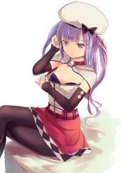 Rule 34 | 1girl, ajax (azur lane), arm up, azur lane, bad id, bad twitter id, bandeau, beret, black bow, black pantyhose, blush, bow, capelet, commentary request, culter, detached sleeves, feet out of frame, hat, hat bow, long hair, looking at viewer, miniskirt, pantyhose, purple eyes, purple hair, red skirt, shadow, sidelocks, simple background, sitting, skirt, smile, solo, strapless, thighs, tube top, two side up, white background, white capelet, white hat