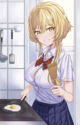Rule 34 | 1girl, alternate breast size, alternate costume, blonde hair, blue skirt, bow, bowtie, breasts, bursting breasts, cleavage, collared shirt, fried egg, frying pan, genshin impact, hair between eyes, highres, kitchen, large breasts, looking at viewer, loose bowtie, lumine (genshin impact), o-los, parted lips, red bow, school uniform, shirt, short hair with long locks, skirt, smile, solo, spatula, white shirt, yellow eyes