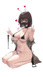 Rule 34 | 1girl, absurdres, anal beads, antennae, bikini, black bikini, black choker, black mask, bottomless, breasts, breath, brown eyes, brown hair, brown jacket, bush, censored, choker, dildo, heart, highres, holding, holding sex toy, jacket, large breasts, looking at viewer, mask, micro bikini, mole, mole on breast, mole on stomach, mouth mask, navel, novelty censor, original, seiza, sesefadou 0v0, sex toy, short hair, simple background, sitting, solo, stomach, strap gap, surgical mask, swimsuit, trembling, v, white background
