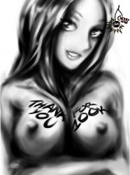 Rule 34 | 1girl, 2014 fifa world cup, breasts, cherry in the sun, costa rica, greyscale, hair between breasts, long hair, looking at viewer, monochrome, nipples, nude, smile, soccer, world cup