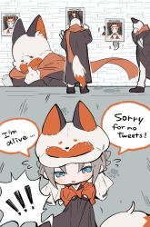Rule 34 | !, !!, 2boys, absurdres, animal ear headwear, animal ears, black gloves, blue eyes, blush stickers, brick wall, brown fur, chibi, collar, collared shirt, comic, commentary, english commentary, english text, fake animal ears, fox ears, fox hat, from above, from behind, furry, furry male, gloves, grey hair, highres, jacket, long sleeves, male focus, missing poster, multicolored clothes, multiple boys, mysta rias, mystake (mysta rias), nijisanji, nijisanji en, open collar, open mouth, orange fur, orange scarf, orange shirt, parted bangs, paw print, scarf, shirt, sji4au3, speech bubble, tail, tearing up, virtual youtuber, white fur, white jacket