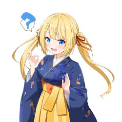 Rule 34 | 1girl, :d, ?, absurdres, animal print, blonde hair, blue eyes, blue kimono, blush, breasts, commentary, english commentary, felutiahime, fish print, floral print, hair ribbon, hakama, highres, hololive, hololive english, japanese clothes, kimono, long hair, long sleeves, looking at viewer, ok sign, open mouth, print kimono, red ribbon, ribbon, simple background, smile, solo, spoken question mark, upper body, virtual youtuber, watson amelia, watson amelia (new year), white background, yellow hakama