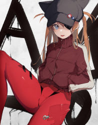 Rule 34 | 1girl, artist request, ass, black hat, blue eyes, bodysuit, bodysuit under clothes, breasts, brown hair, evangelion: 3.0 you can (not) redo, expressionless, eyepatch, floating hair, hands in pockets, hat, highres, jacket, legs apart, long hair, looking at viewer, neon genesis evangelion, plugsuit, rebuild of evangelion, red bodysuit, shiny clothes, simple background, solo, souryuu asuka langley, tongue, tongue out, wide hips, wind