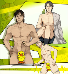 Rule 34 | 3boys, abs, bird, blonde hair, brown hair, censored, cigarette, coat, coat partially removed, collarbone, cowboy shot, duck, facial hair, ga-ko, glasses, gobeur, hal emmerich, hand on own hip, holding, holding sword, holding weapon, katana, looking at viewer, looking to the side, male focus, medium hair, metal gear (series), metal gear solid 2: sons of liberty, multiple boys, muscular, muscular male, nervous, novelty censor, nude, open mouth, parrot, parted lips, pectorals, raiden (metal gear), shaded face, smoking, solid snake, stubble, sweatdrop, sword, weapon, white coat