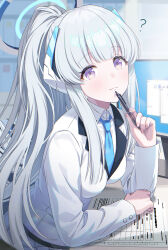 Rule 34 | 1girl, absurdres, alternate hairstyle, blue archive, blue necktie, blush, closed mouth, collared shirt, formal, grey hair, halo, highres, holding, holding pen, long hair, long sleeves, looking at viewer, mechanical halo, microsoft windows, momomoi momoi, monitor, necktie, noa (blue archive), paper, pen, pleated skirt, ponytail, purple eyes, shirt, skirt, solo, suit, white shirt, white skirt