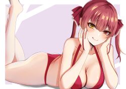 Rule 34 | 1girl, :q, absurdres, ass, bikini, border, breasts, cleavage, elbow rest, feet up, heterochromia, highres, hololive, houshou marine, houshou marine (summer), large breasts, long hair, looking at viewer, lying, on stomach, raised eyebrows, red bikini, red eyes, red hair, solo, suikan mirita, swimsuit, the pose, thighs, tongue, tongue out, twintails, virtual youtuber, white border, yellow eyes