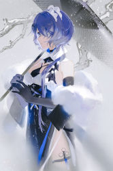 Rule 34 | 1girl, arknights, asymmetrical hair, bare shoulders, black choker, black dress, black gloves, blue eyes, blue hair, breasts, choker, cowboy shot, dress, elbow gloves, from side, gloves, hair ornament, hair over one eye, highres, holding, holding umbrella, lirseven, long hair, looking afar, medium breasts, official alternate costume, oil-paper umbrella, outdoors, parted lips, pelvic curtain, shawl, snowing, solo, thigh strap, umbrella, whisperain (arknights), whisperain (tremble cold) (arknights), winter, x hair ornament