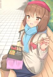 Rule 34 | 1girl, absurdres, bench, bento, blue scarf, blush, brown eyes, brown hair, chopsticks, commentary request, eru (aeeu2243), food, from side, highres, holding, holding chopsticks, iino miko, kaguya-sama wa kokurasetai ~tensai-tachi no renai zunousen~, long hair, long sleeves, looking at viewer, low twintails, open mouth, outdoors, pink headwear, scarf, sitting, skirt, sleeves past wrists, solo, teeth, twintails, upper teeth only
