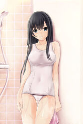 Rule 34 | 1girl, against wall, black hair, blue eyes, breasts, cameltoe, cleft of venus, collarbone, commentary request, covered navel, cowboy shot, grin, hair between eyes, hand on own thigh, holding, kamikawa tamaki, legs together, long hair, looking at viewer, medium breasts, nonaka ritsu, old school swimsuit, one-piece swimsuit, original, school swimsuit, shadow, shower head, showering, sidelocks, smile, solo, standing, straight hair, swim cap, unworn swim cap, swimsuit, taut clothes, thigh gap, tile wall, tiles, wet, wet clothes, wet swimsuit, white one-piece swimsuit