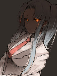 Rule 34 | 1girl, angela (project moon), blouse, blue hair, coat, collared shirt, commentary, glowing, glowing eyes, highres, lab coat, lobotomy corporation, long hair, long sleeves, looking at viewer, necktie, one side up, orange hair, project moon, shirt, simple background, solo, sosan, upper body, white coat, white shirt