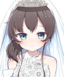 Rule 34 | 1girl, absurdres, bad id, bad twitter id, bare shoulders, blue eyes, blush, bouquet, bridal veil, bride, brown hair, closed mouth, collarbone, commentary request, dress, earrings, flower, flower earrings, highres, hololive, jewelry, long hair, looking at viewer, natsuiro matsuri, okota mikan, original, rose, simple background, smile, solo, tiara, unfinished, upper body, veil, virtual youtuber, wedding dress, white background