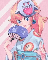 Rule 34 | 1girl, blonde hair, blooper (mario), blue eyes, blue gemstone, blush, boo (mario), breasts, closed mouth, earrings, female focus, fire flower, floral print, gem, haisen, hand fan, hands up, happy, head tilt, highres, jewelry, light blush, lips, long hair, long sleeves, looking at viewer, mario (series), mask, mask on head, nintendo, nose blush, obi, official alternate costume, paper fan, pink background, pointing, pointing at viewer, ponytail, princess peach, sash, sidelocks, simple background, small breasts, smile, solo, striped, striped background, super mario odyssey, uchiwa, upper body, wide sleeves