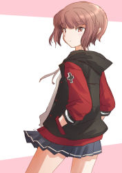 Rule 34 | 1girl, alternate costume, black jacket, blue skirt, brown eyes, brown hair, commentary request, cowboy shot, cross, from behind, fuji (pixiv24804665), hands in pockets, highres, hood, hooded jacket, hoodie, iron cross, jacket, kantai collection, multicolored clothes, multicolored jacket, pleated skirt, short hair, skirt, solo, z3 max schultz (kancolle)