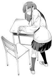 Rule 34 | 1girl, blunt bangs, blush, breasts, chair, closed mouth, desk, gift, greyscale, highres, holding, holding gift, ice reizou, jacket, long sleeves, looking at viewer, medium breasts, medium hair, monochrome, open clothes, open jacket, original, school chair, school desk, school uniform, shoes, skirt, sweatdrop, thighhighs, valentine