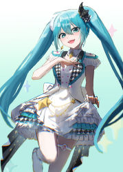 Rule 34 | 1girl, :d, absurdres, bare arms, blue eyes, blue hair, blue skirt, blush, floating hair, hair between eyes, hair ornament, hatsune miku, highres, jacket, layered skirt, long hair, looking at viewer, miniskirt, more more jump! miku, open mouth, raki ekaki, sketch, skirt, smile, solo, standing, standing on one leg, thigh strap, twintails, very long hair, vocaloid, white jacket