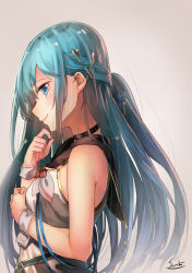 Rule 34 | 1girl, bad id, bad pixiv id, bare shoulders, black choker, blue ribbon, blush, choker, dress, finger to face, from side, grey background, hair ornament, hair ribbon, hand up, highres, lips, long hair, looking at viewer, looking to the side, original, profile, ribbon, saraki, sideways glance, signature, simple background, sleeveless, sleeveless dress, solo, upper body, very long hair, white dress, wrist cuffs