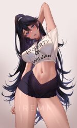 Rule 34 | 1girl, arm behind head, arm up, black hair, black shorts, blue eyes, breasts, cameltoe, cleft of venus, clothes writing, commission, cowboy shot, crop top, grey background, highres, large breasts, liremi, long hair, looking at viewer, midriff, navel, open mouth, original, ponytail, shirt, short shorts, short sleeves, shorts, simple background, solo, standing, stomach, thighs, very long hair, white shirt