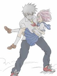 Rule 34 | 1boy, 1girl, age difference, artist request, black eyes, blue skirt, blush, breasts, carrying, dust, facing another, facing viewer, floating hair, full body, green eyes, hand up, haruno sakura, hatake kakashi, hetero, holding, holding person, looking at another, looking at viewer, mask, midriff, mouth mask, naruto, naruto (series), open mouth, pants, pink hair, pleated skirt, princess carry, red ribbon, ribbon, school uniform, serafuku, shirt, short hair, short sleeves, simple background, skirt, socks, spiked hair, standing, surprised, sweat, sweatdrop, teacher and student, uniform, white background, white hair, white legwear, white shirt, wide stance